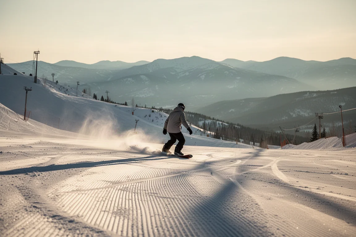 Snowboarder descending a wide groomed slope in late afternoon light