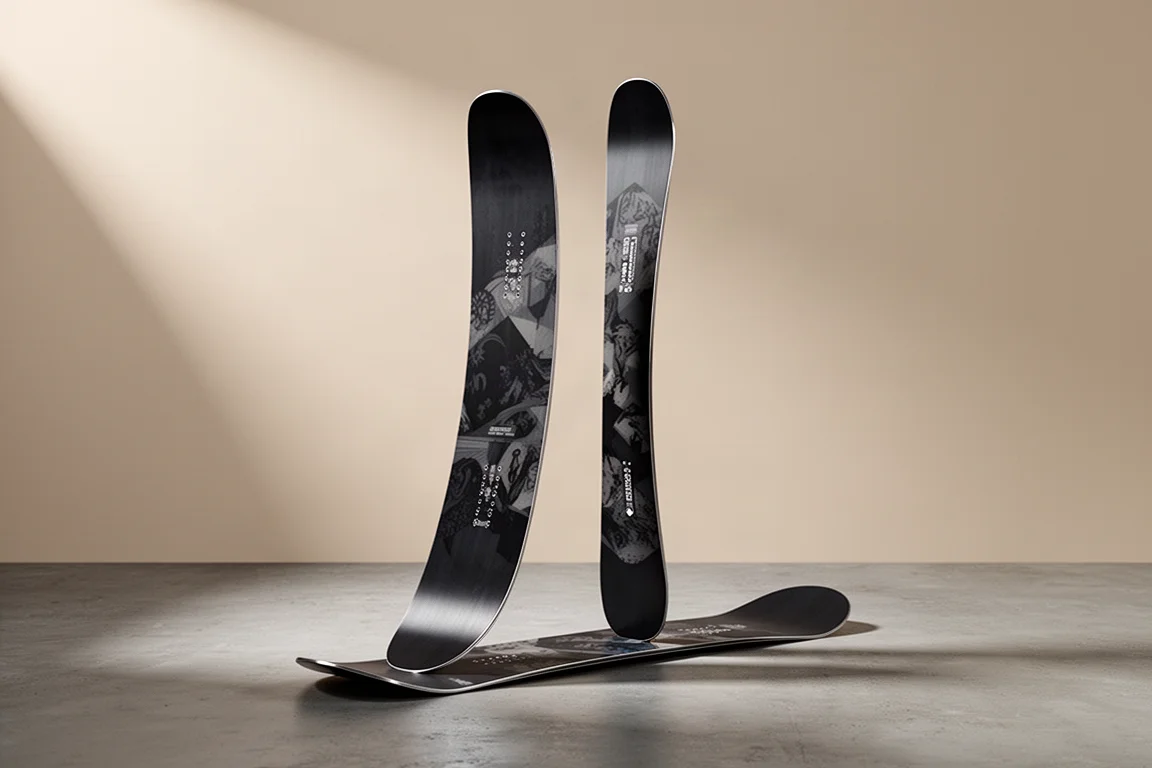 Women's twin camber snowboard standing upright on a matte concrete surface