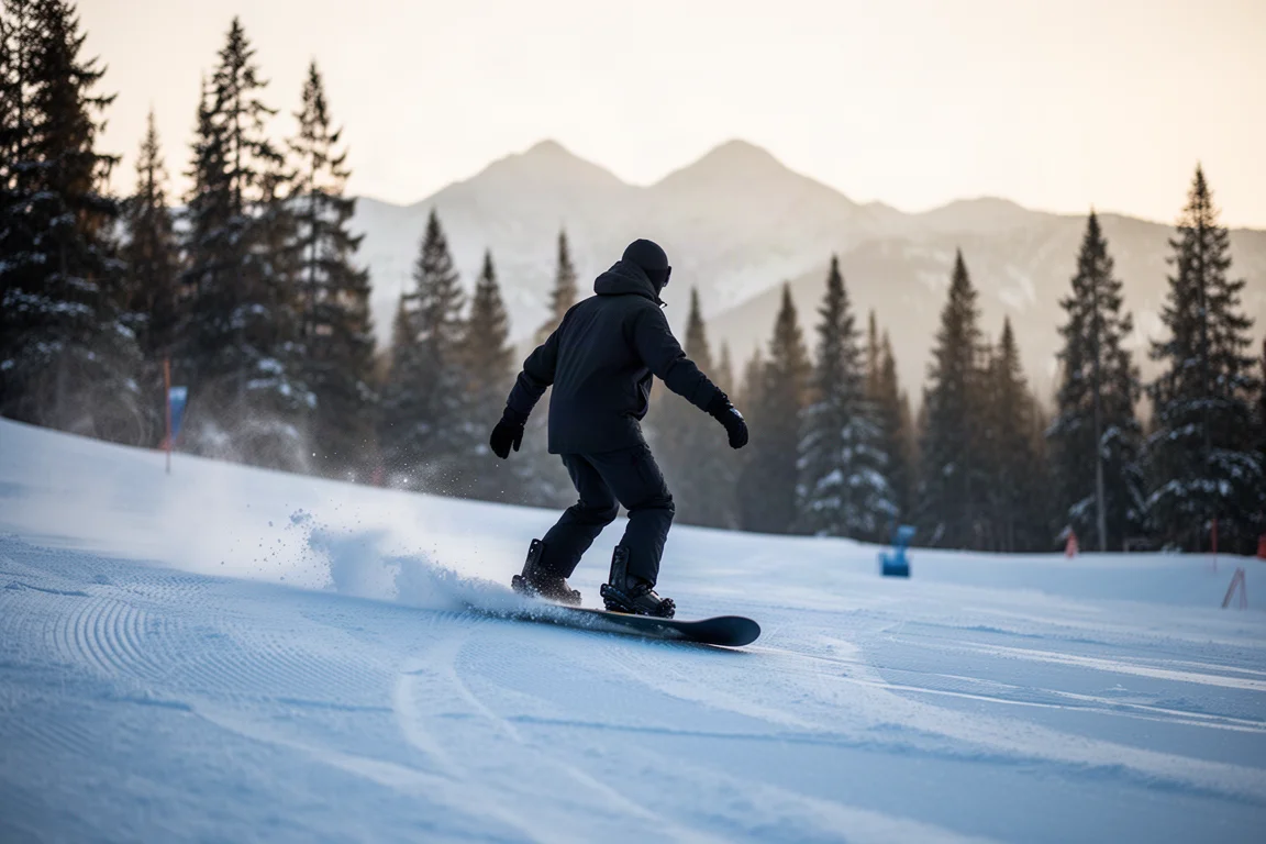 Snowboarder principiante che scende su una pista battuta nella morbida luce del mattino