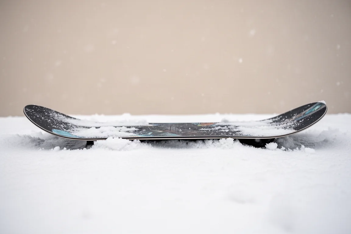 Primo piano della base di uno snowboard con sezione centrale piatta e punte sollevate