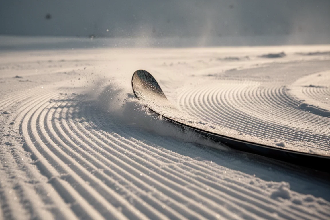 Il filo di uno snowboard che intaglia una pista dura nella luce del tardo pomeriggio