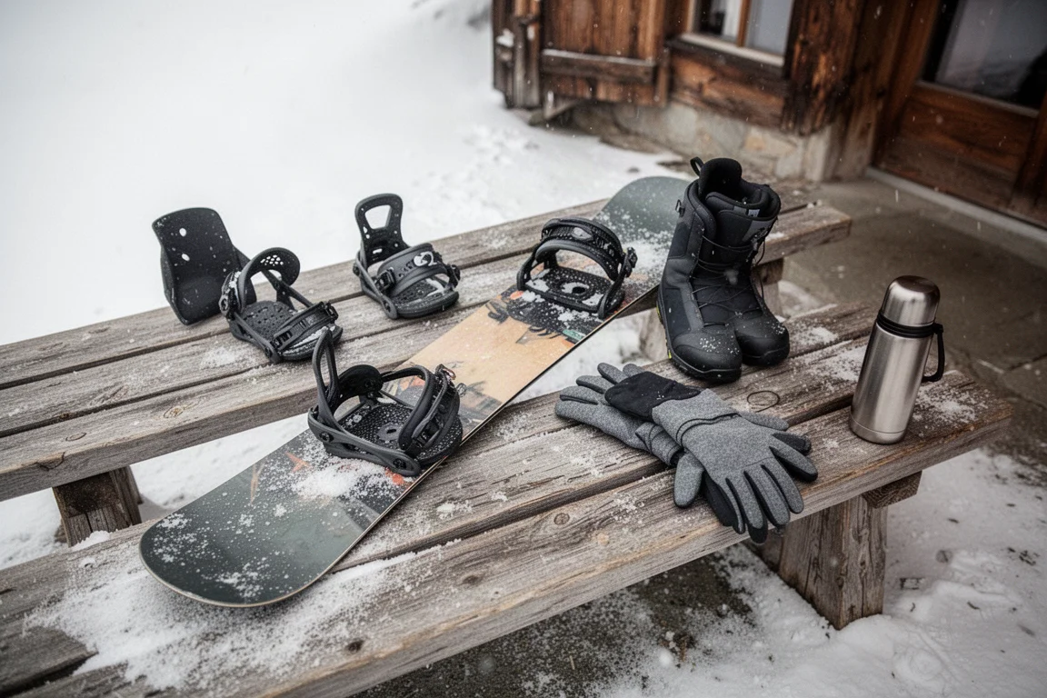 Snowboard e boots appoggiati su una panca di legno fuori da un rifugio di montagna