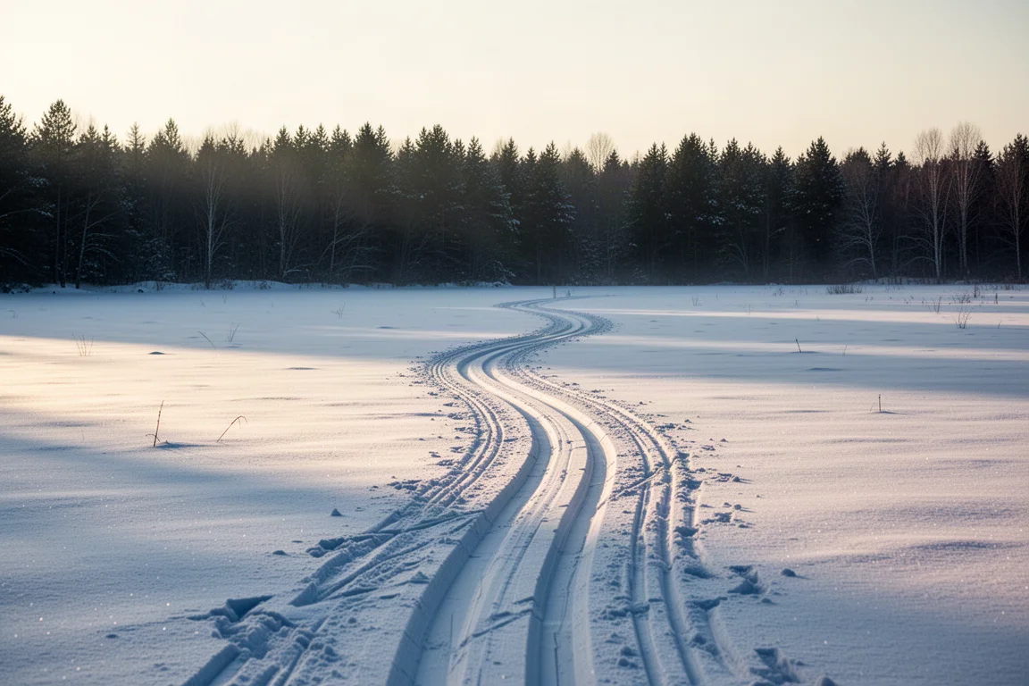 Frisch gespurte Langlaufspuren, die sich durch eine schneebedeckte Wiese Richtung Baumreihe schlängeln