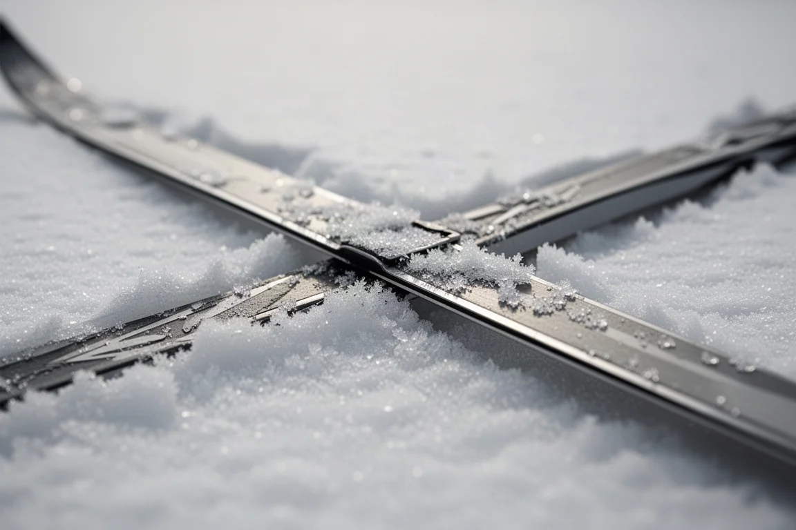 Nahaufnahme einer schmalen Skibelagbasis mit dünner Stahlkante, die sich in brüchigen Schnee drückt