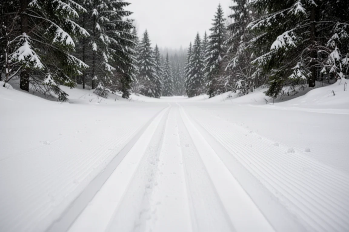Parallel gespurte klassische Langlaufspuren in festem Schnee an einem Loipenzentrum