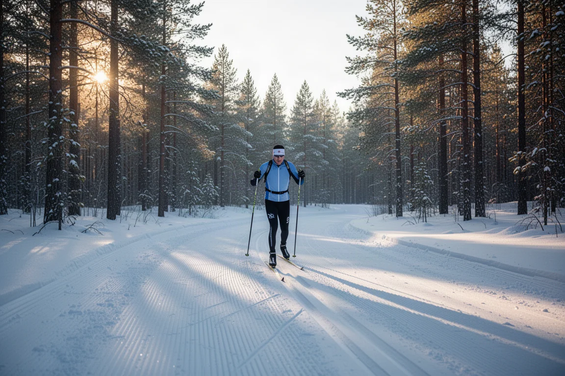 Skieur de fond classique glissant sur une piste de neige damée à travers une forêt de pins