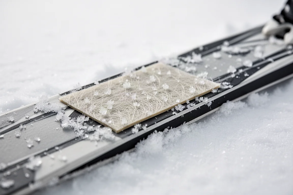 Gros plan d'une zone d'accroche en peau de mohair sous la semelle d'un ski de fond dans la neige