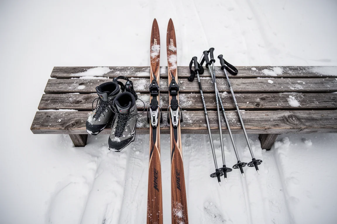 Skis de fond, chaussures et bâtons disposés sur un banc en bois dans la neige