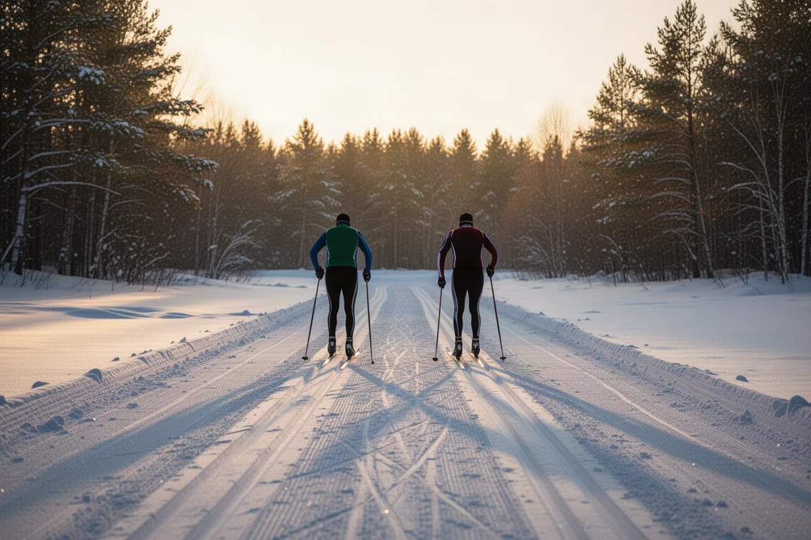 Deux skieurs de fond sur une large piste damée à l'heure dorée