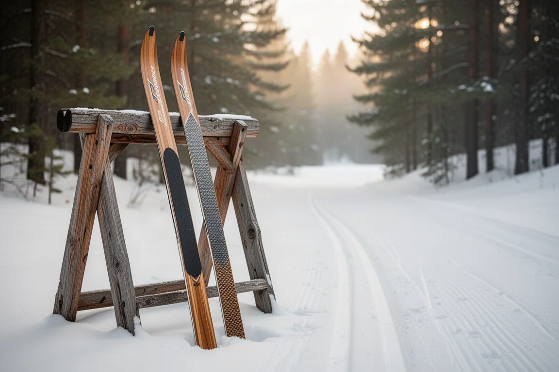 Deux skis de fond classiques appuyés contre un râtelier en bois près d'une piste de neige damée