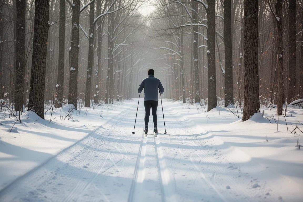 Recreational cross-country skier gliding along a groomed classic track through a snowy forest