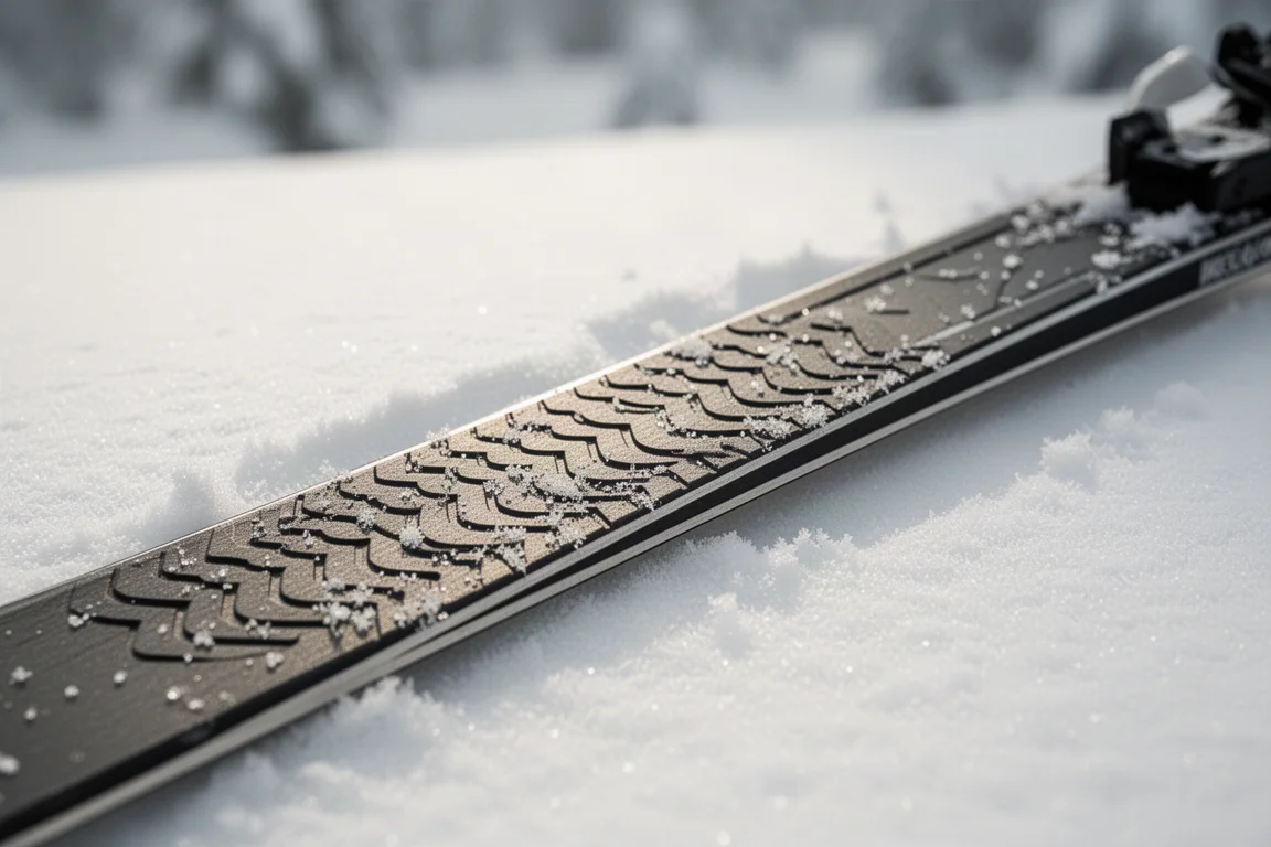 Close-up of a classic touring ski base showing the long fish scale grip zone