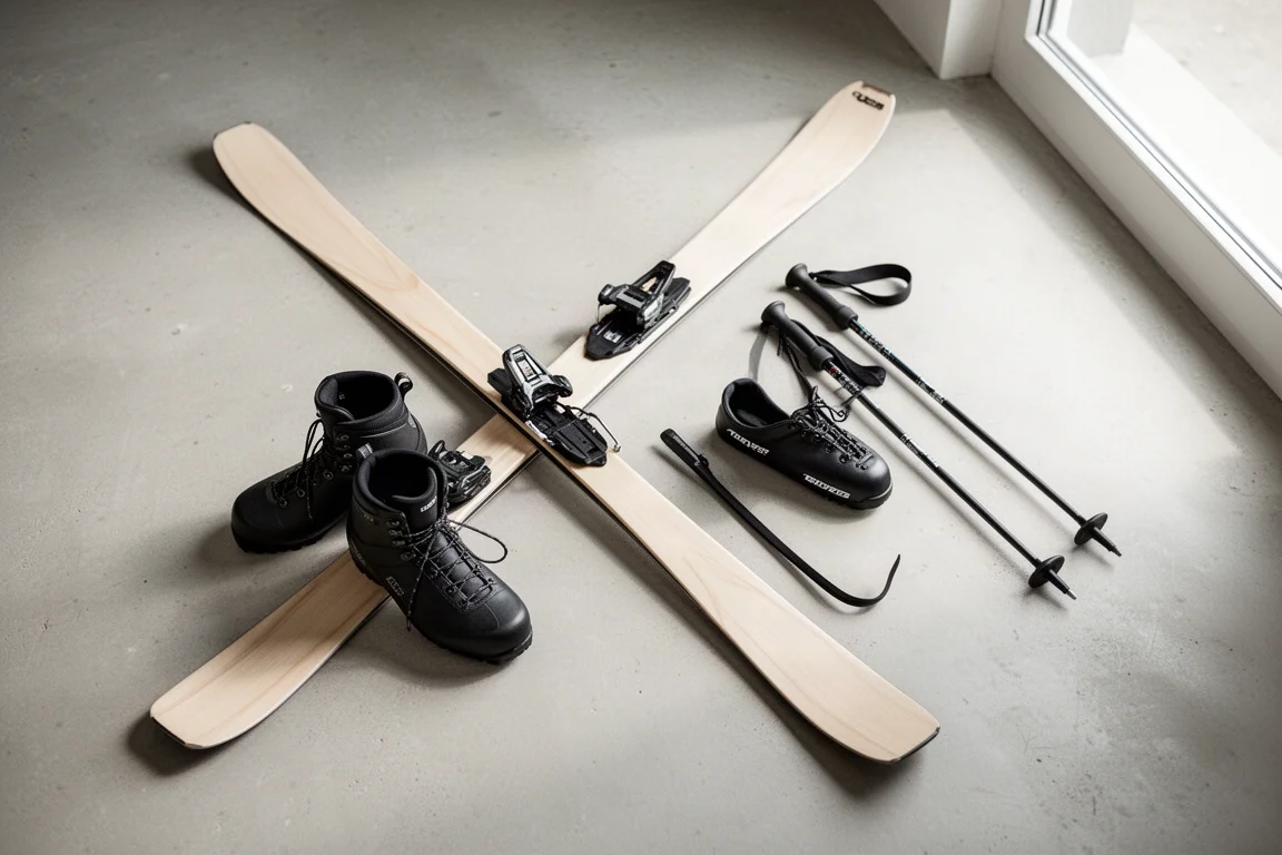 Flat lay of a classic touring ski with binding, cross-country boots, and poles on concrete