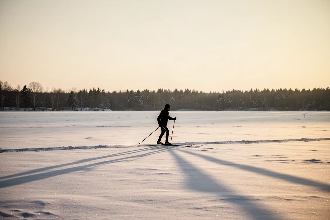 Cross-country skier crossing an open snow-covered field in low late afternoon light