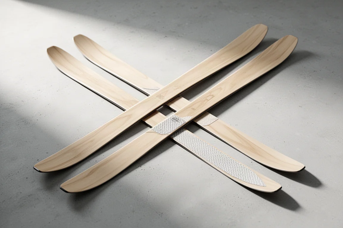Two narrow classic cross-country touring skis laid parallel on pale concrete