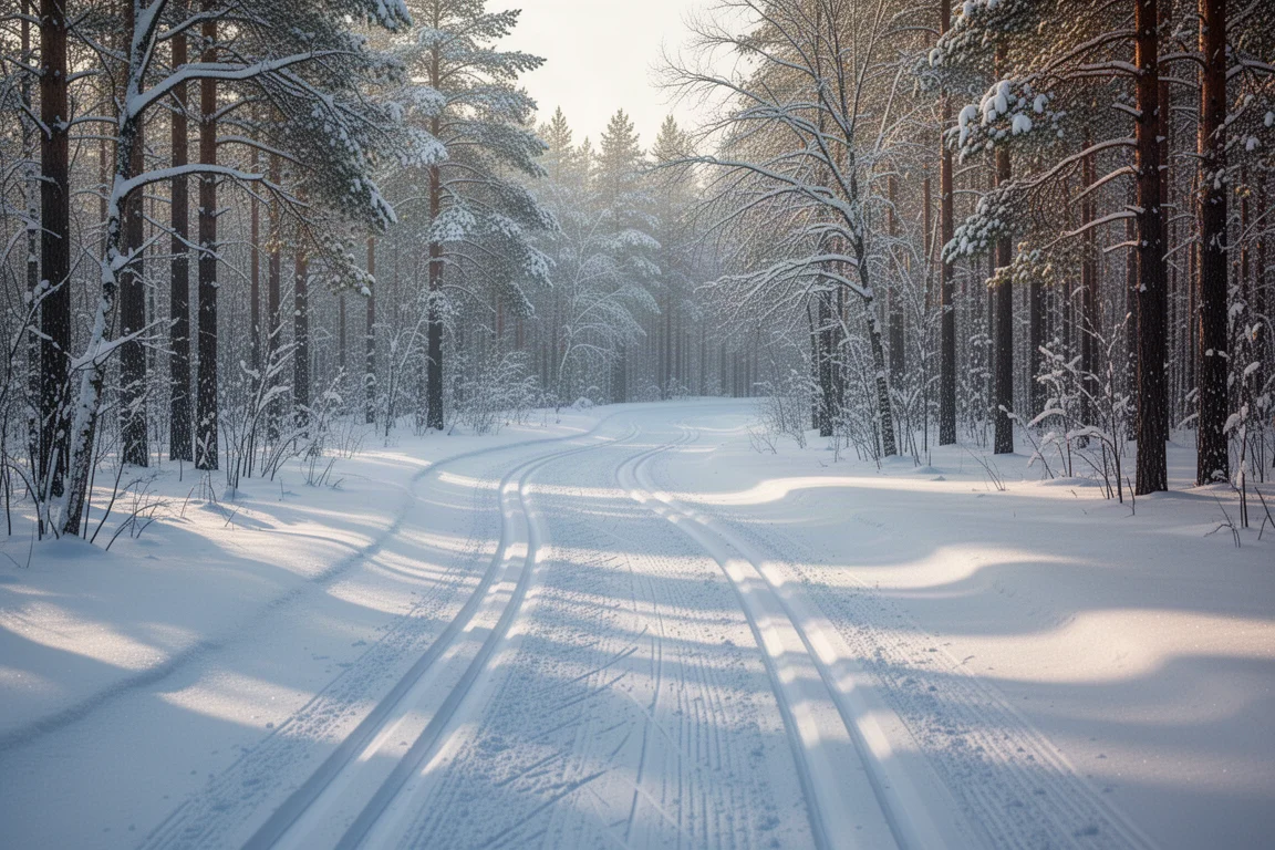 Groomed classic cross-country ski track curving through a snow-covered pine forest in morning light