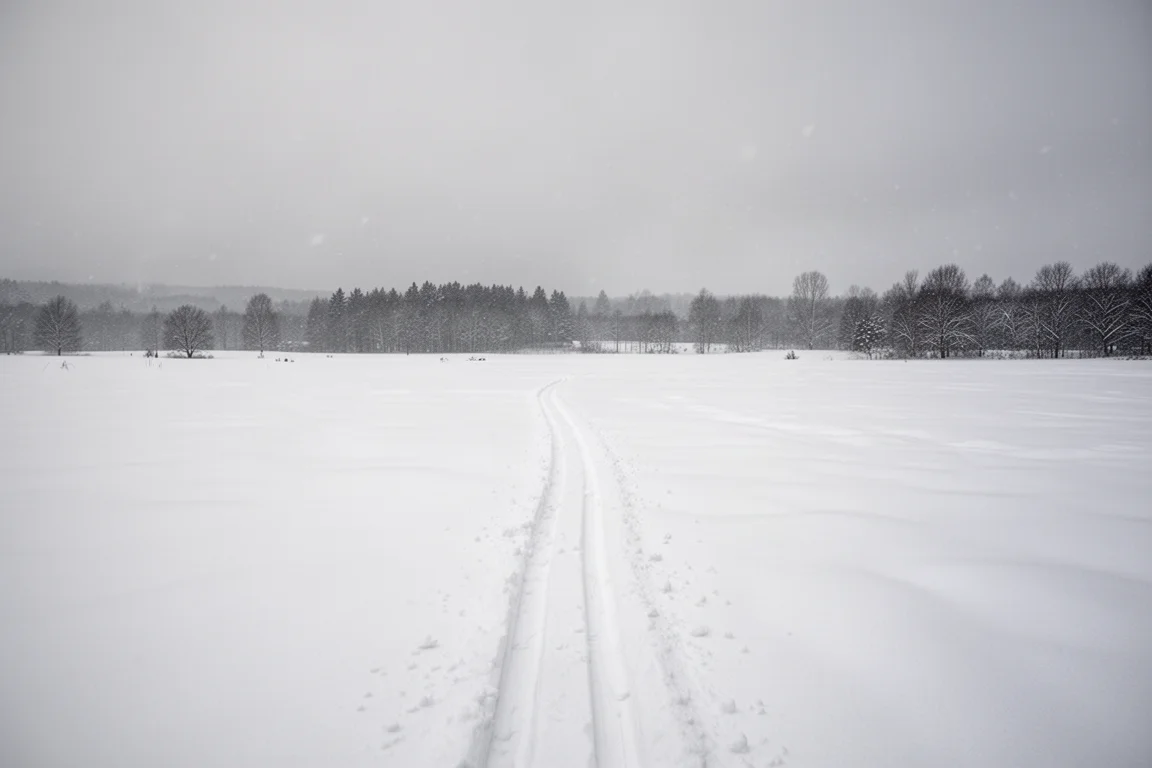 Open snow-covered field with a single set of ski tracks leading toward a distant tree line