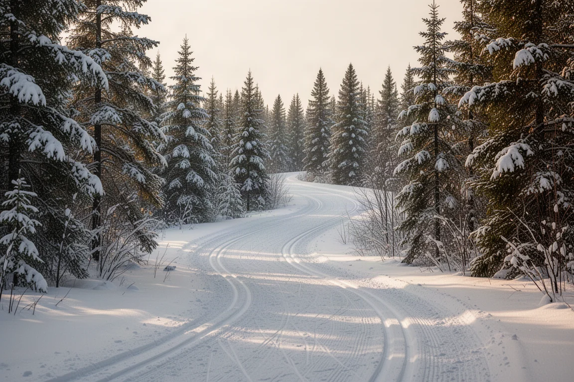 Gently descending groomed cross-country trail bending between snow-dusted conifers