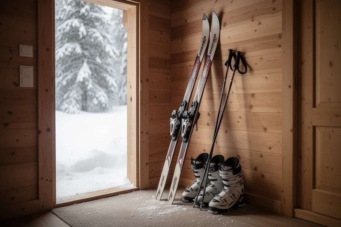 Cross-country skis, boots, and poles leaning against a wooden cabin wall beside an open snowy doorway