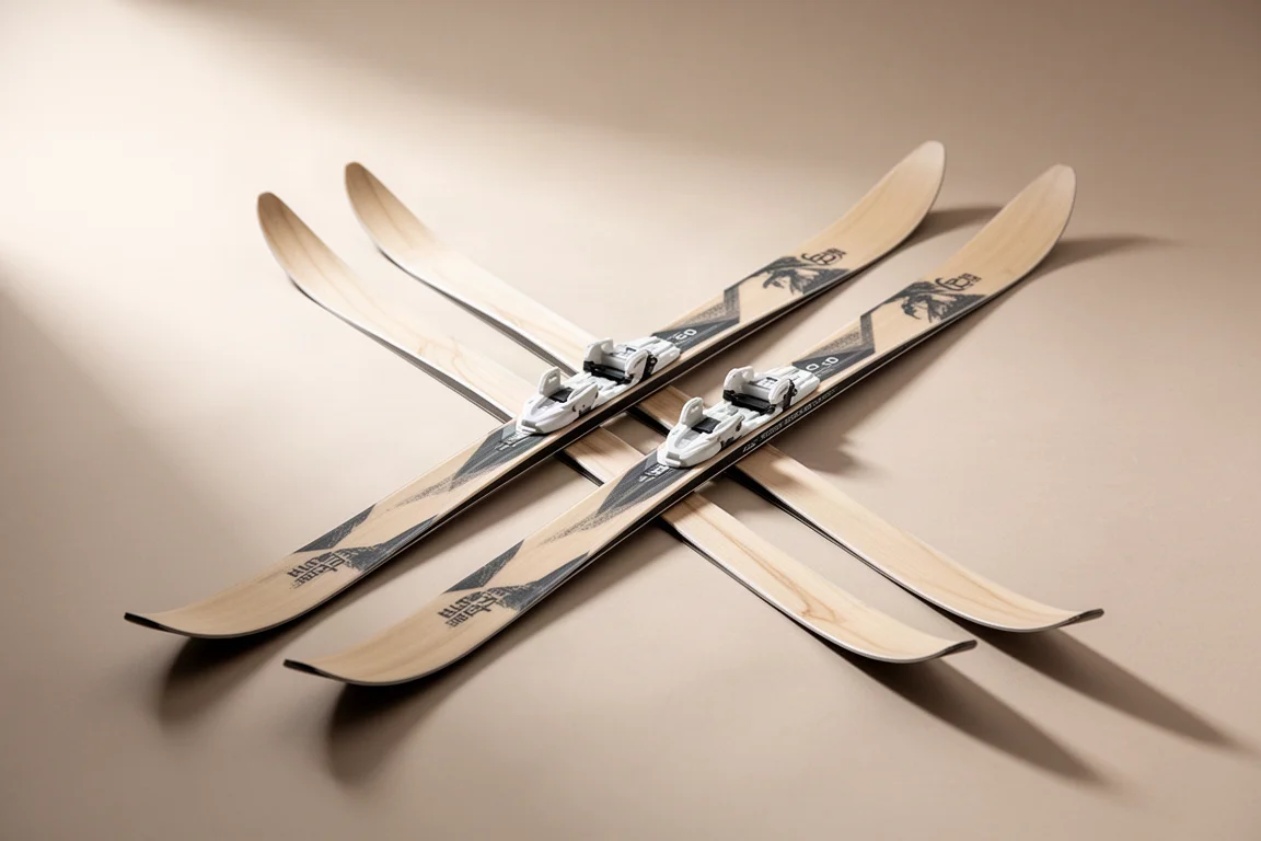 Pair of classic cross-country skis with pale wood-tone top sheets laid parallel on a neutral surface
