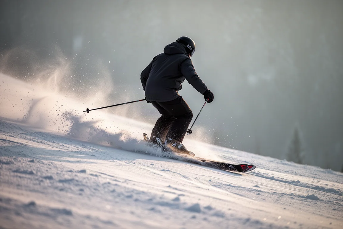 Skidåkare som carvar en ren båge på en preparerad backe, snödimman fångar ljuset