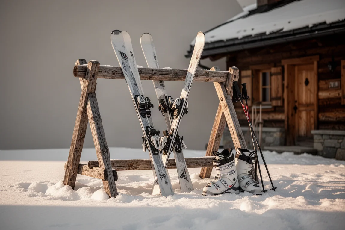 Pistskidor som lutar mot ett träställ utanför en stuga i varmt eftermiddagsljus