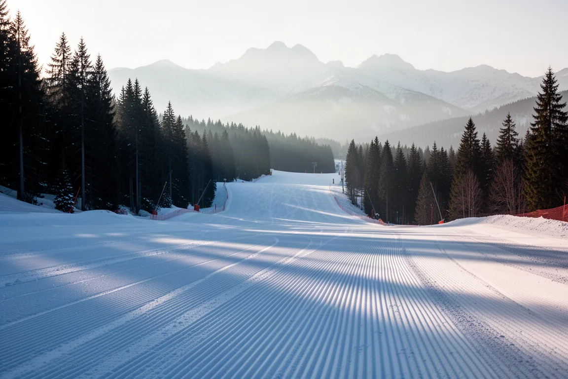 Pista da sci appena battuta all'alba con linee parallele di corduroy e pini