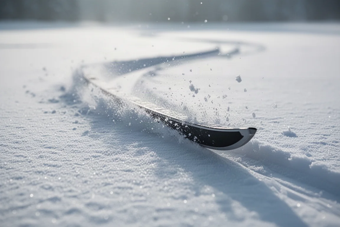 Primo piano di uno spigolo di sci che intaglia una traiettoria pulita su neve battuta compatta