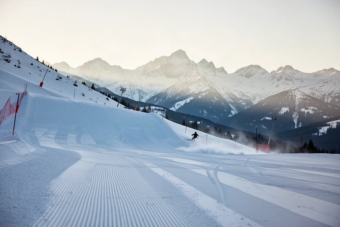 Pista appena battuta in una stazione sciistica di montagna alla luce del mattino