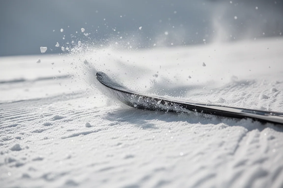 Canto dello sci che intaglia la neve battuta sprigionando una sottile nevicata di cristalli