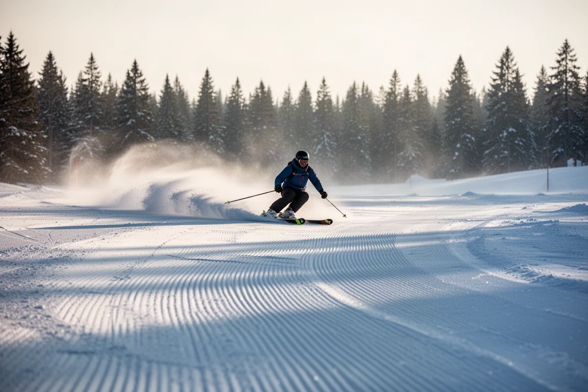 Skidåkare som carvar i en preparerad backe i tidig morgonljus