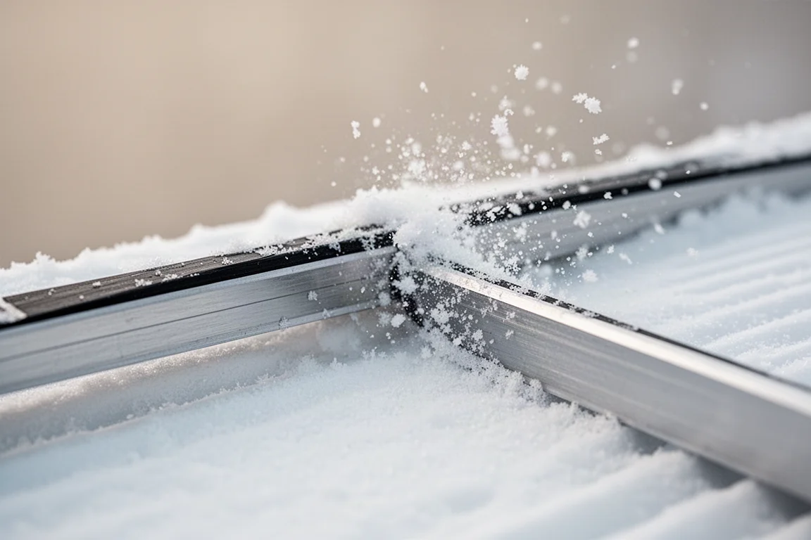 Närbild på en skidakant som greppar i fast, preparerad snö