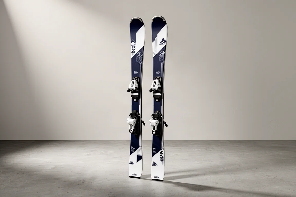 Pair of women's all-mountain skis with system bindings on a concrete surface