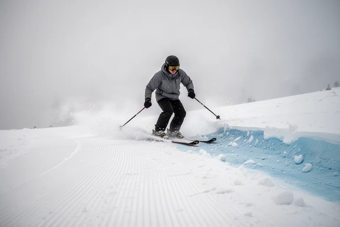 Sciatore che passa dalla pista preparata alla neve fresca battuta al bordo pista