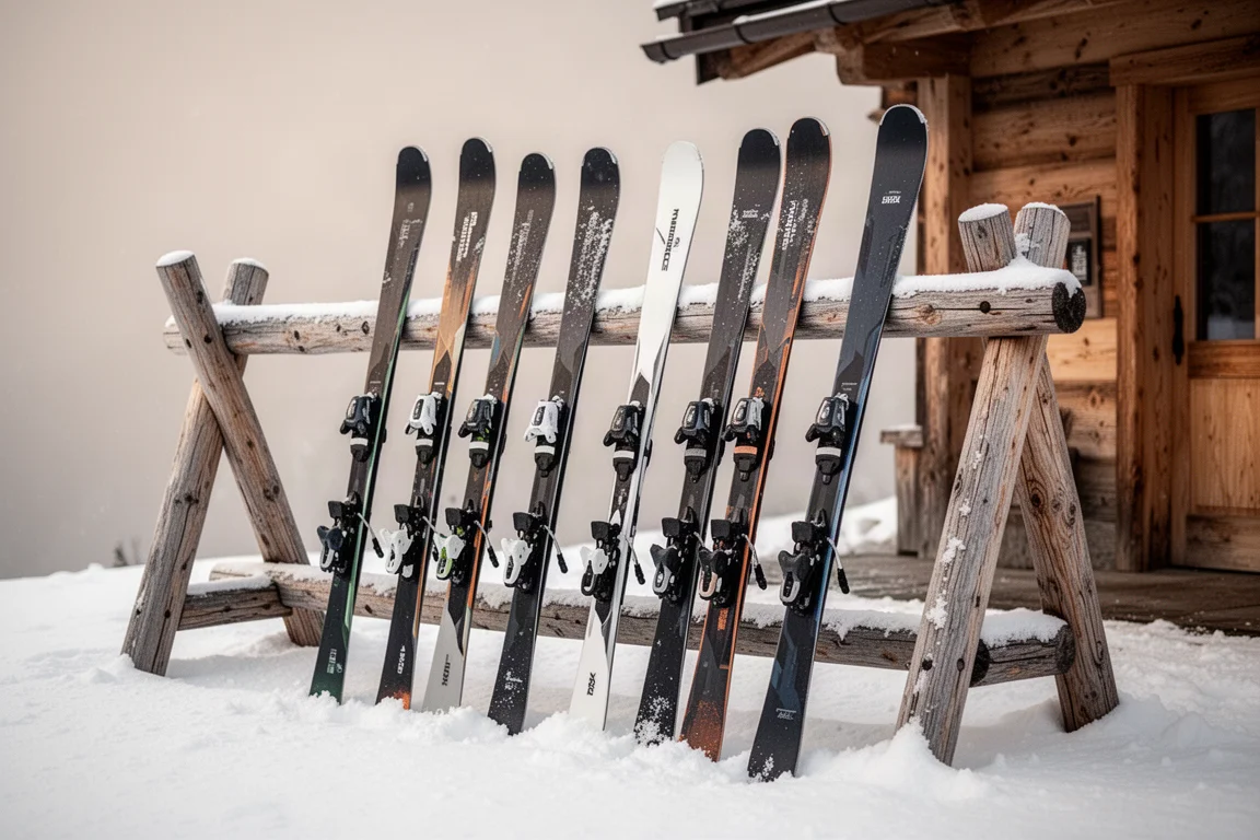 Fila di sci all-mountain appoggiati a una rastrelliera di legno davanti a un rifugio di montagna