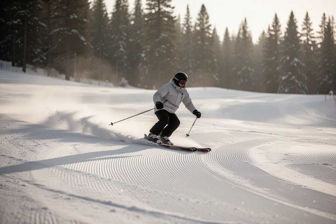 Skieur effectuant un virage coupé net sur une piste fraîchement damée sous une lumière matinale tamisée