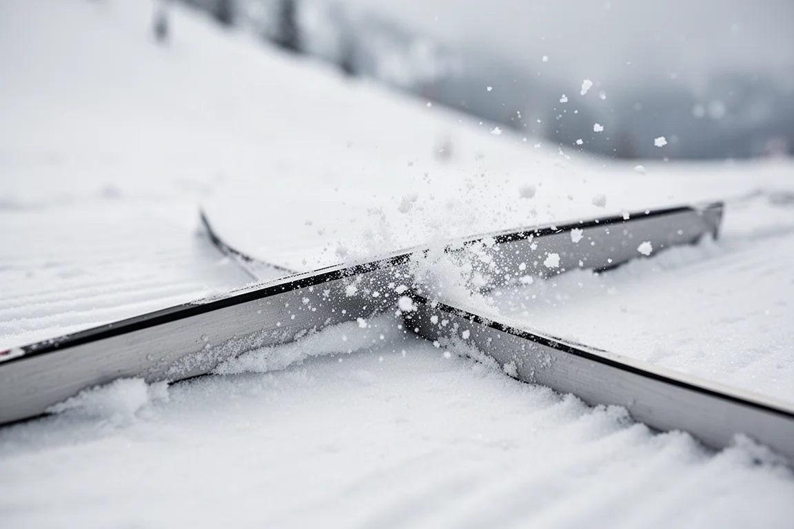 Gros plan sur une carre et un chant de ski mordant la neige damée