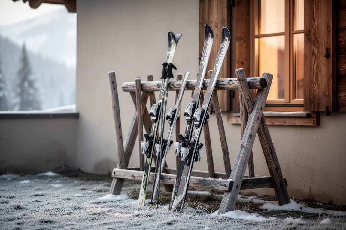 Skis alpins appuyés contre un rack en bois devant un chalet de montagne