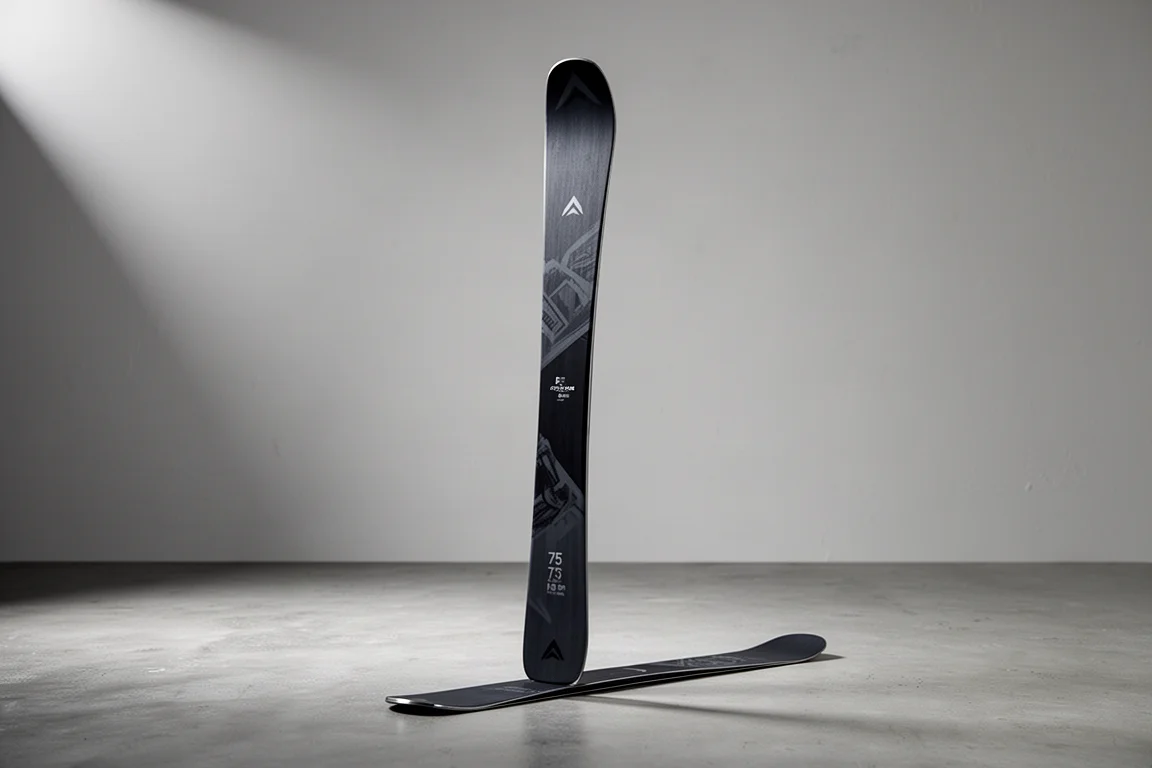 Single frontside alpine ski standing upright on a matte concrete surface