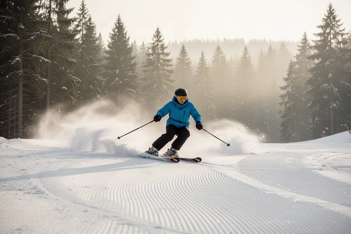 Freshly groomed corduroy ski slope at first light with no skiers on it