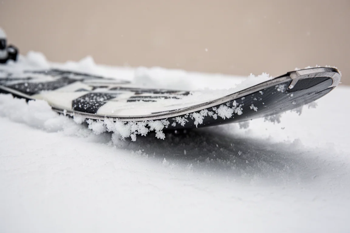 Close-up of a ski edge carving a clean line through groomed corduroy snow