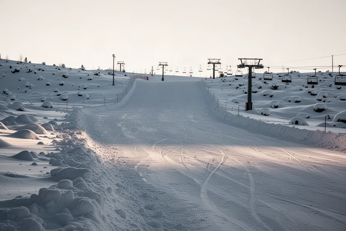 Late afternoon groomed ski run with chopped up snow and a distant skier