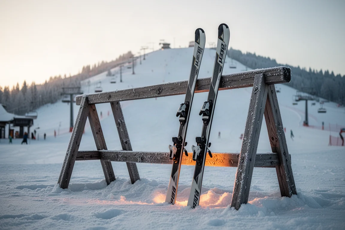 Overhead flat-lay of frontside ski gear arranged on a concrete surface