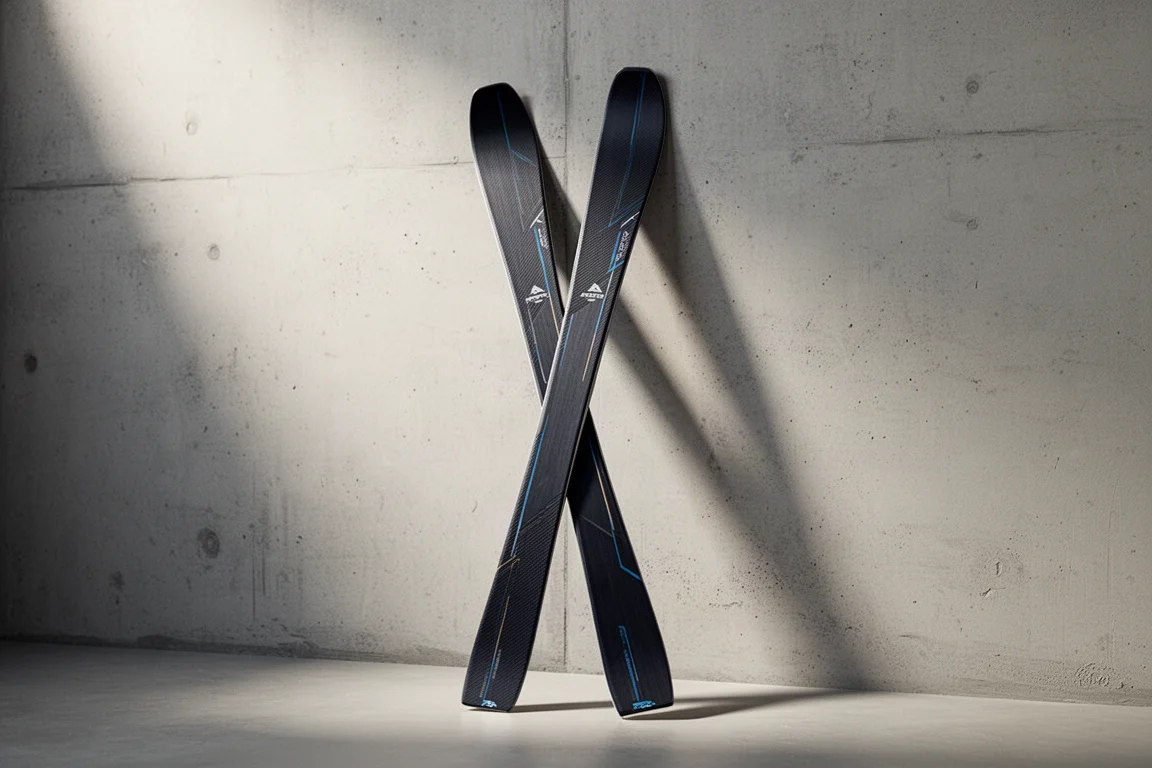 Pair of narrow frontside carving skis standing on a matte concrete surface