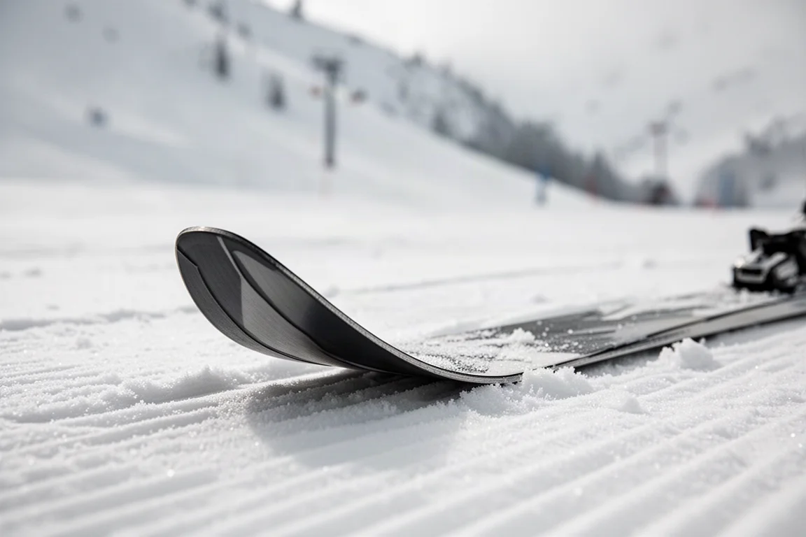 Primo piano della sciancratura di uno sci con taper precoce sulla neve compatta