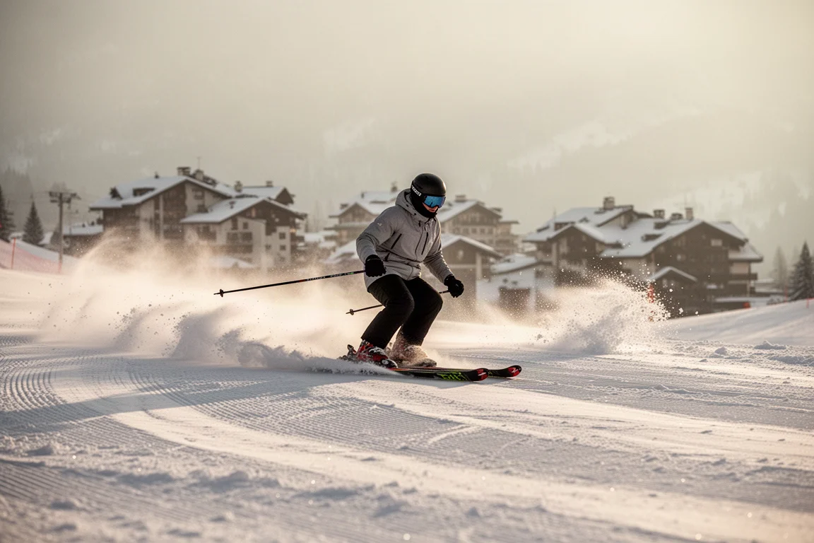 Sciatore che esegue curve a raggio corto su una pista frontside al tramonto