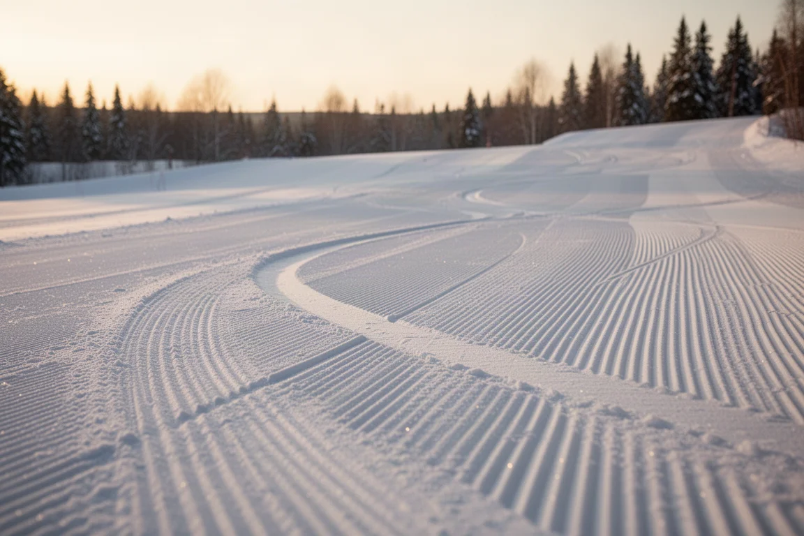 Freshly groomed corduroy ski slope at sunrise with long carved turn lines