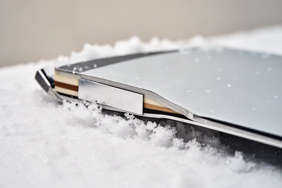 Close-up of ski sidewall showing layered metal laminate and sharp steel edge