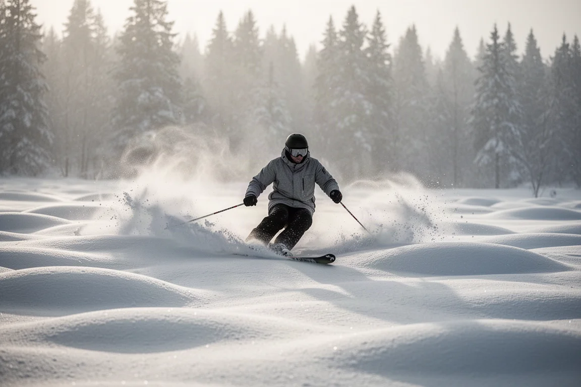 Skier making round turns through soft moguls with snow spray