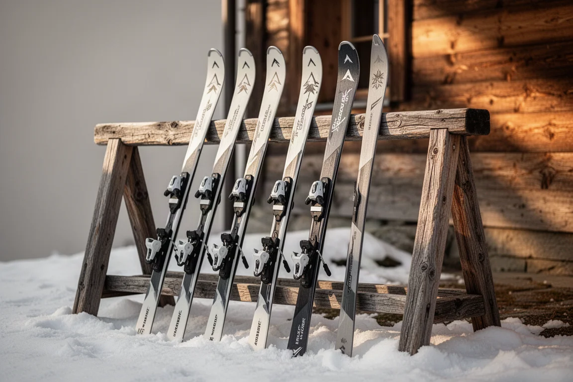 Row of carving skis leaning against a wooden ski rack outside a lodge